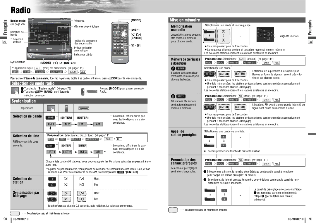 Panasonic CQ-VD7001U warranty Sélection du mode radio, Syntonisation, Mise en mémoire 