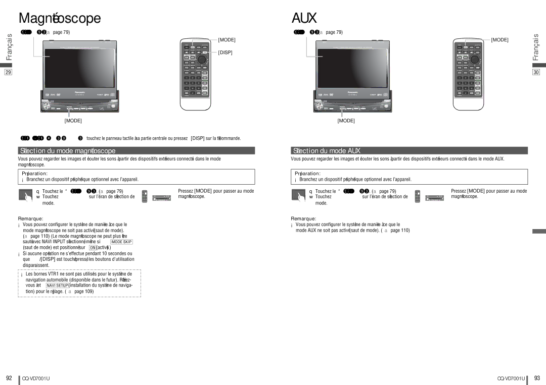 Panasonic CQ-VD7001U Magnétoscope, Sélection du mode magnétoscope, Sélection du mode AUX, Bouton mode a, Préparation 