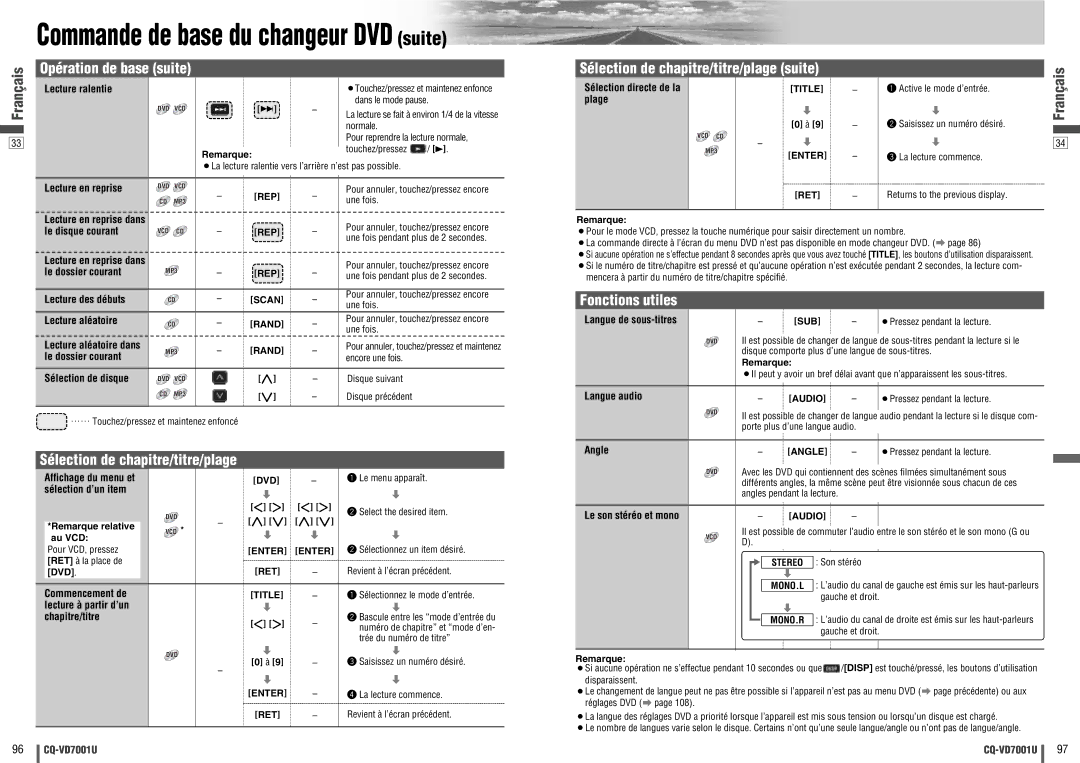 Panasonic CQ-VD7001U warranty Sélection directe de la plage, Lecture à partir d’un Chapitre/titre 