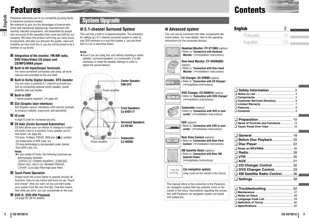 Panasonic CQ-VD7001U warranty Features Contents 