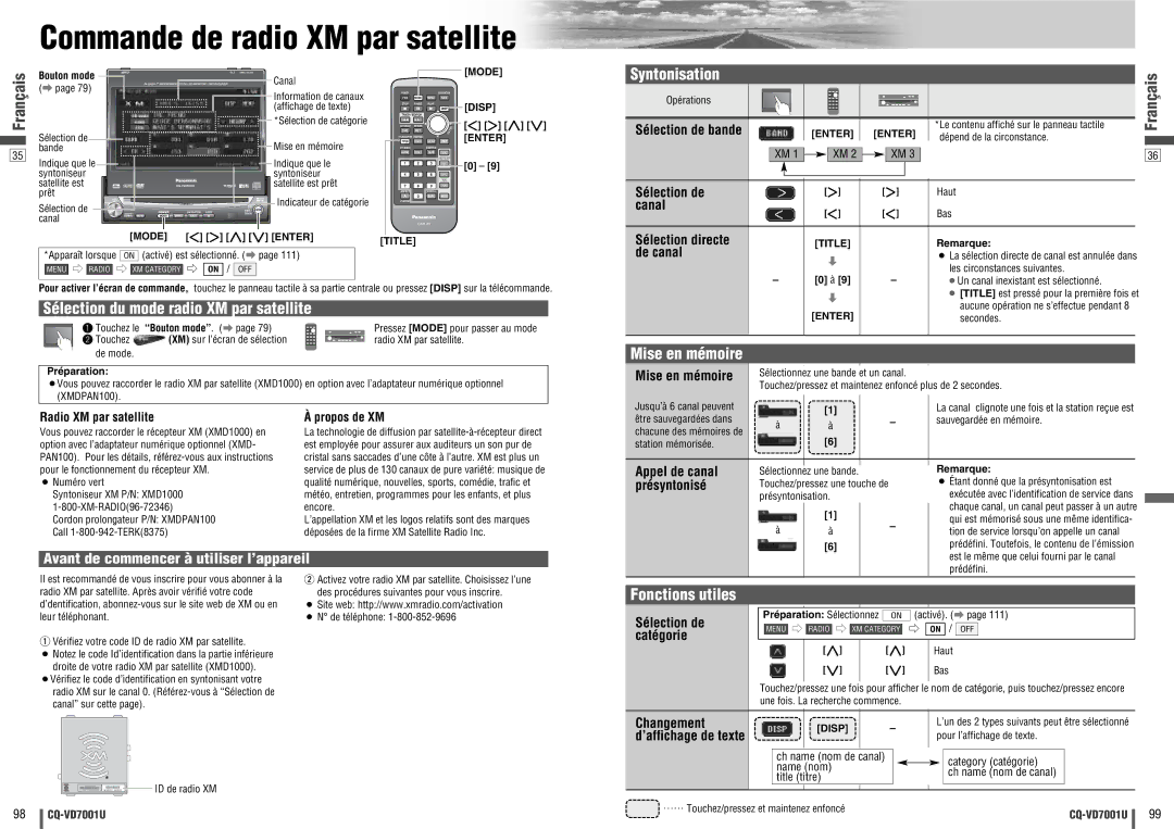 Panasonic CQ-VD7001U warranty Commande de radio XM par satellite, Sélection du mode radio XM par satellite 