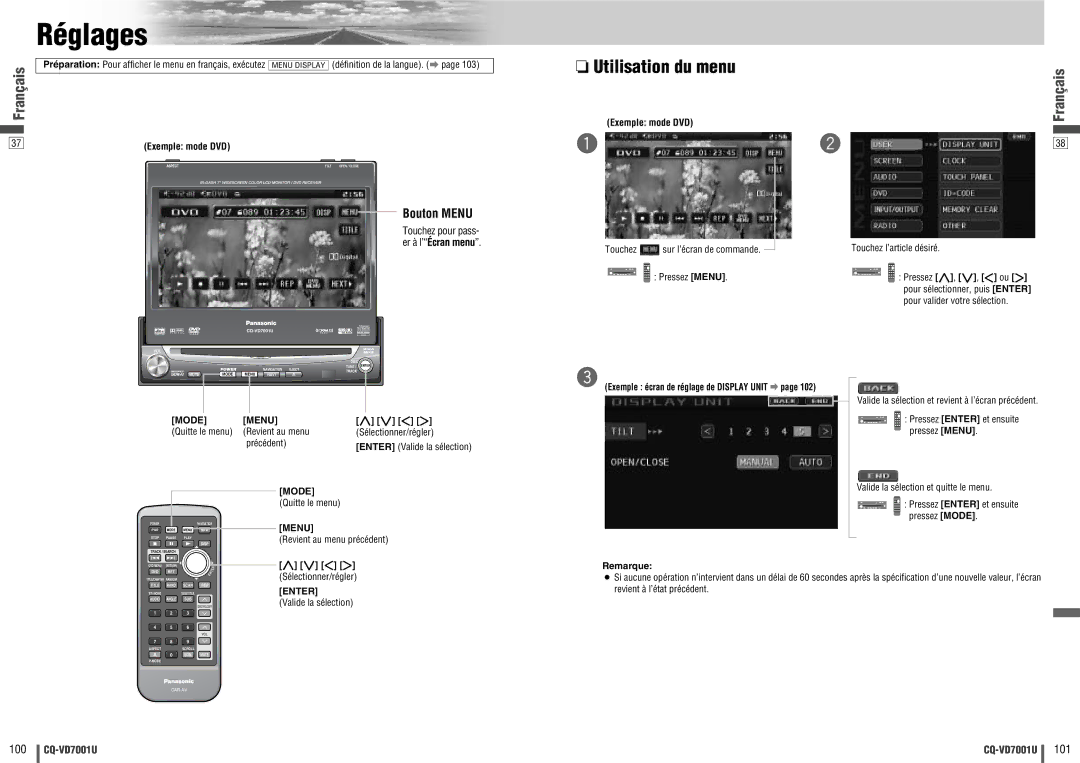 Panasonic CQ-VD7001U warranty Réglages, Utilisation du menu, Bouton Menu 