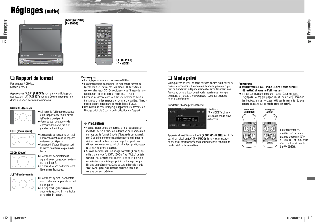 Panasonic CQ-VD7001U warranty Rapport de format, Mode privé, ASP Aspect P Mode 