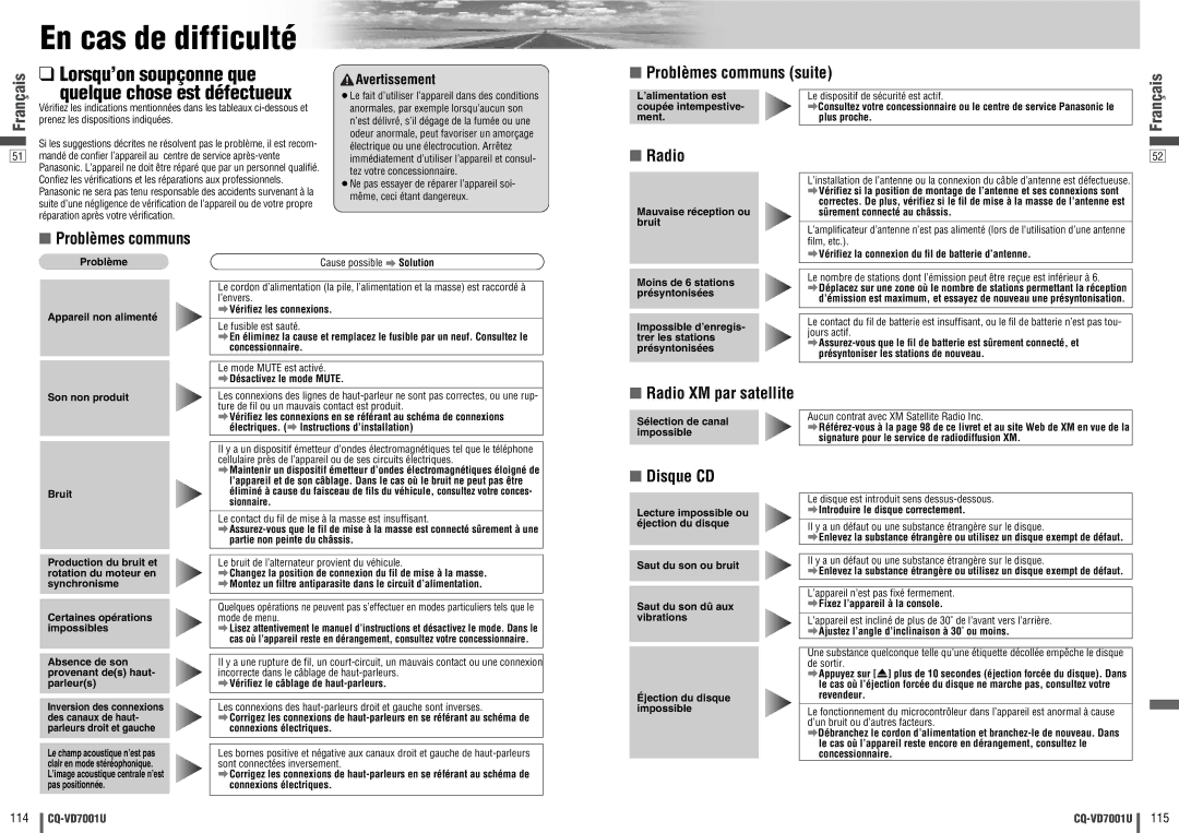 Panasonic CQ-VD7001U warranty En cas de difficulté, Lorsqu’on soupçonne que 