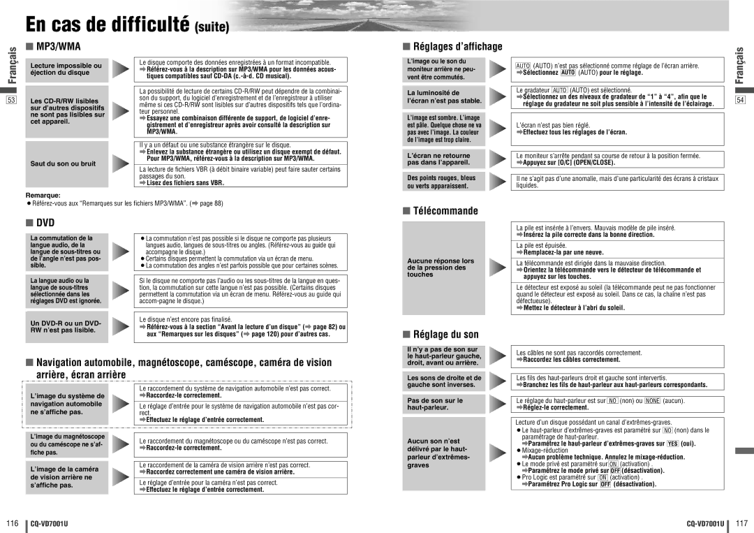 Panasonic CQ-VD7001U warranty En cas de difficulté suite, Réglages d’affichage, Télécommande, Réglage du son, MP3/WMA 