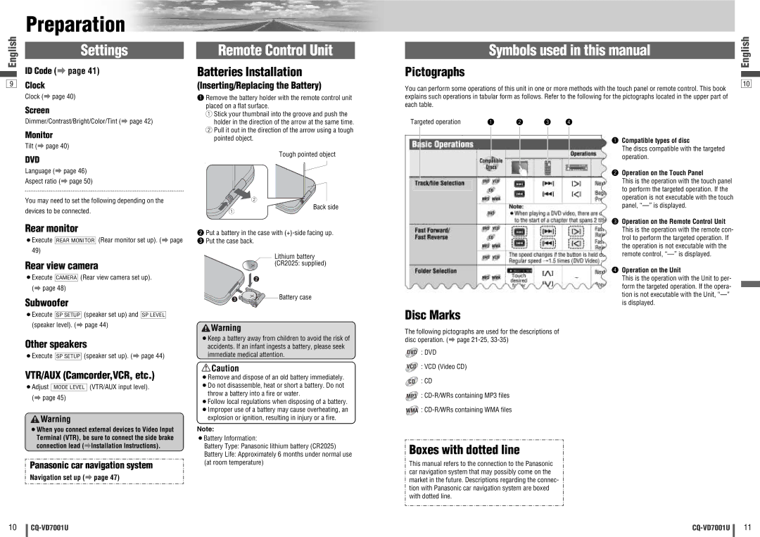 Panasonic CQ-VD7001U warranty Preparation, Settings, Remote Control Unit, Symbols used in this manual 