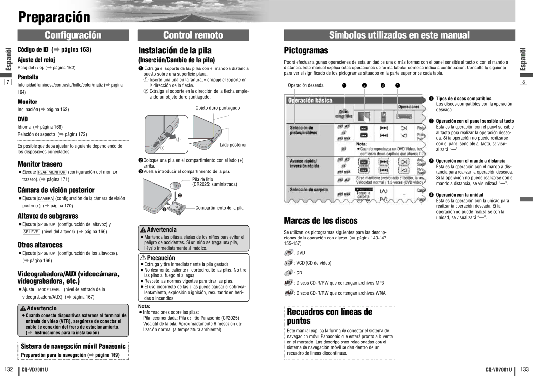 Panasonic CQ-VD7001U warranty Preparación, Configuración, Control remoto, Símbolos utilizados en este manual 