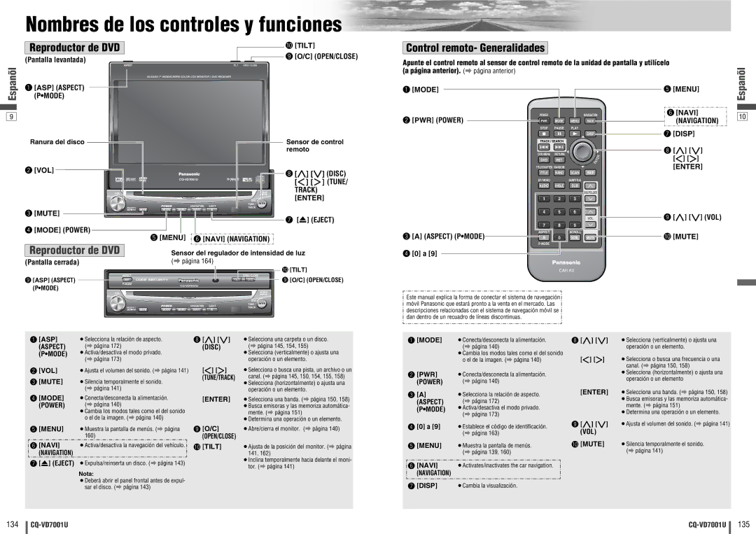 Panasonic CQ-VD7001U warranty Nombres de los controles y funciones, Reproductor de DVD, Pmode, Navigation 