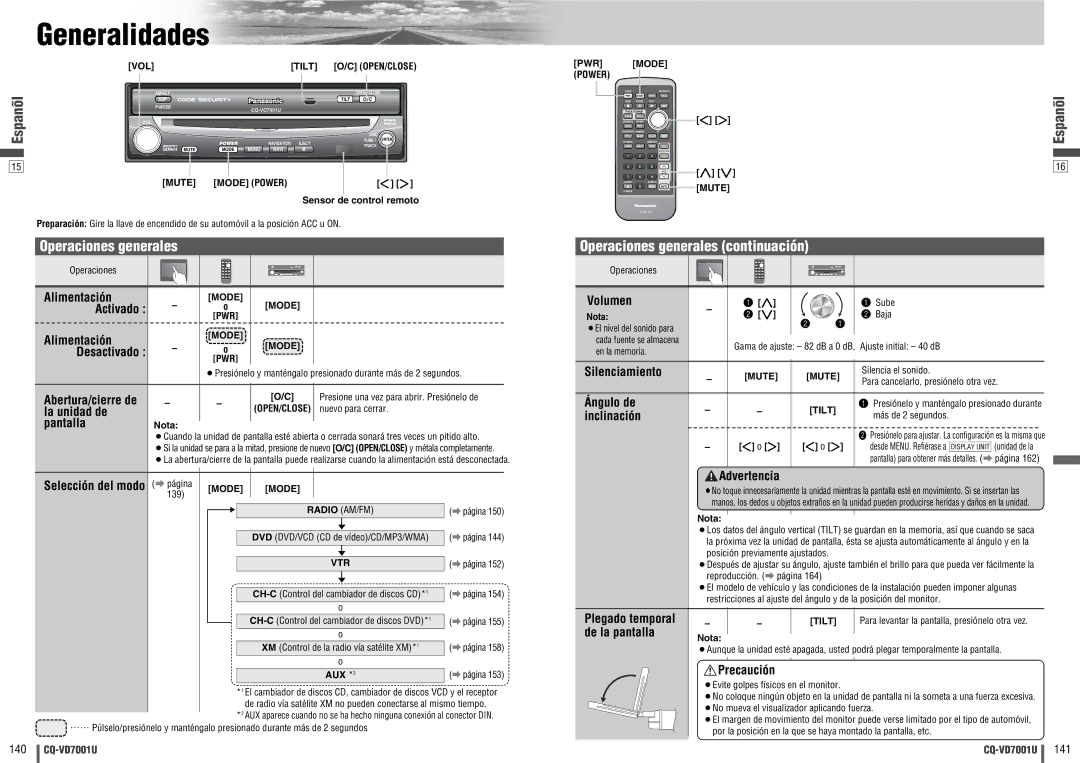 Panasonic CQ-VD7001U warranty Generalidades, Operaciones generales continuación 