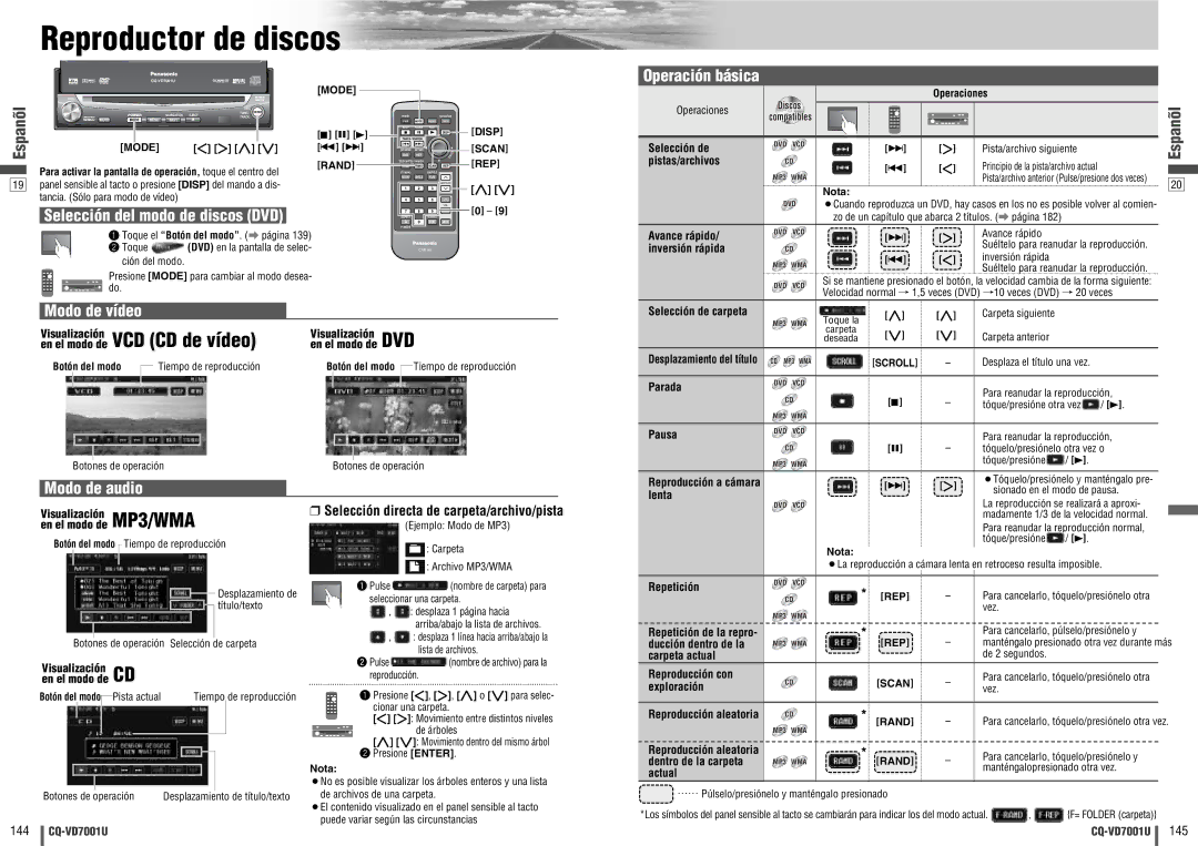 Panasonic CQ-VD7001U warranty Reproductor de discos, En el modo de VCD CD de vídeo, Modo de audio, Operación básica 