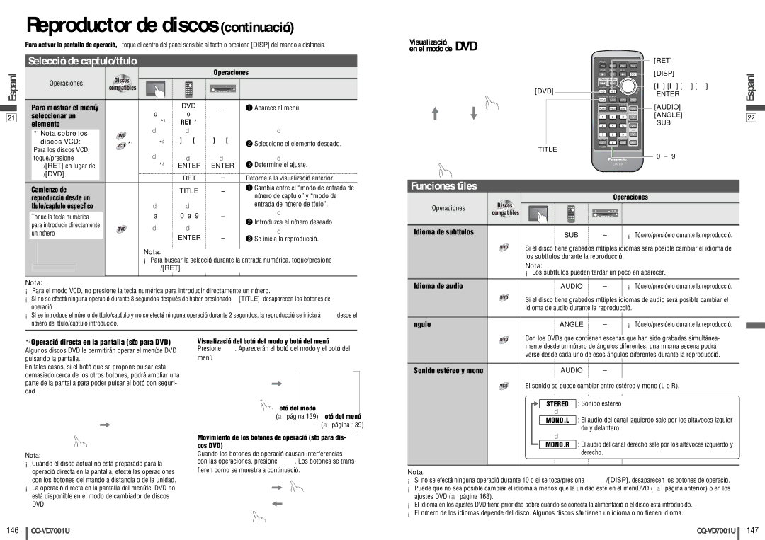 Panasonic CQ-VD7001U warranty Reproductor de discos continuación, Selección de capítulo/título, Funciones útiles 