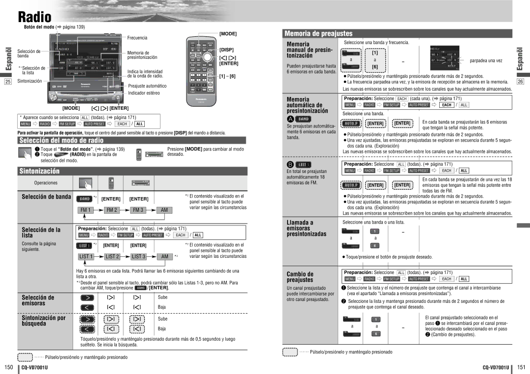 Panasonic CQ-VD7001U warranty Selección del modo de radio, Sintonización, Memoria de preajustes 