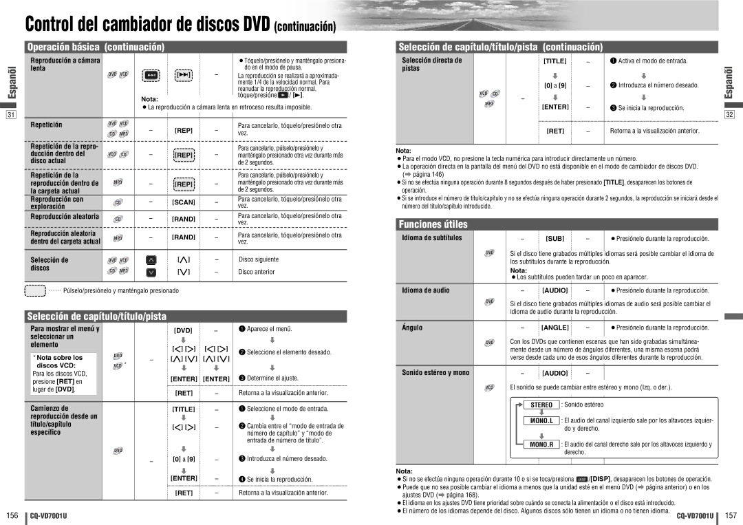 Panasonic CQ-VD7001U warranty Selección de capítulo/título/pista continuación 