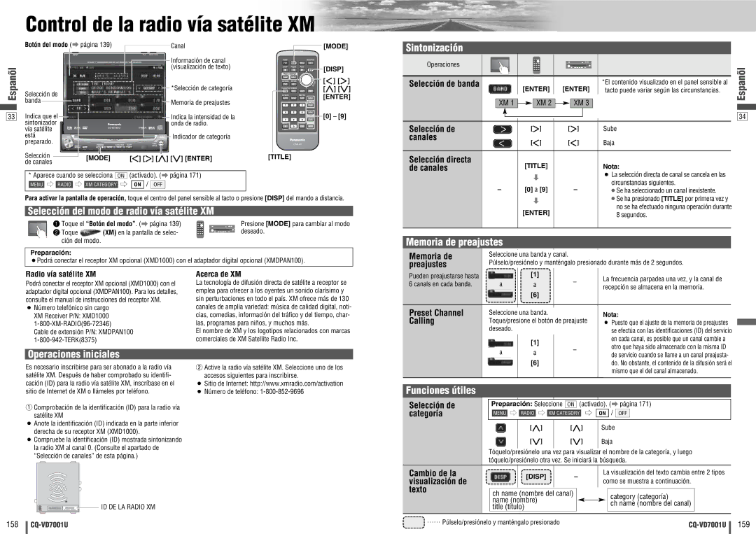 Panasonic CQ-VD7001U warranty Control de la radio vía satélite XM, Selección del modo de radio vía satélite XM 