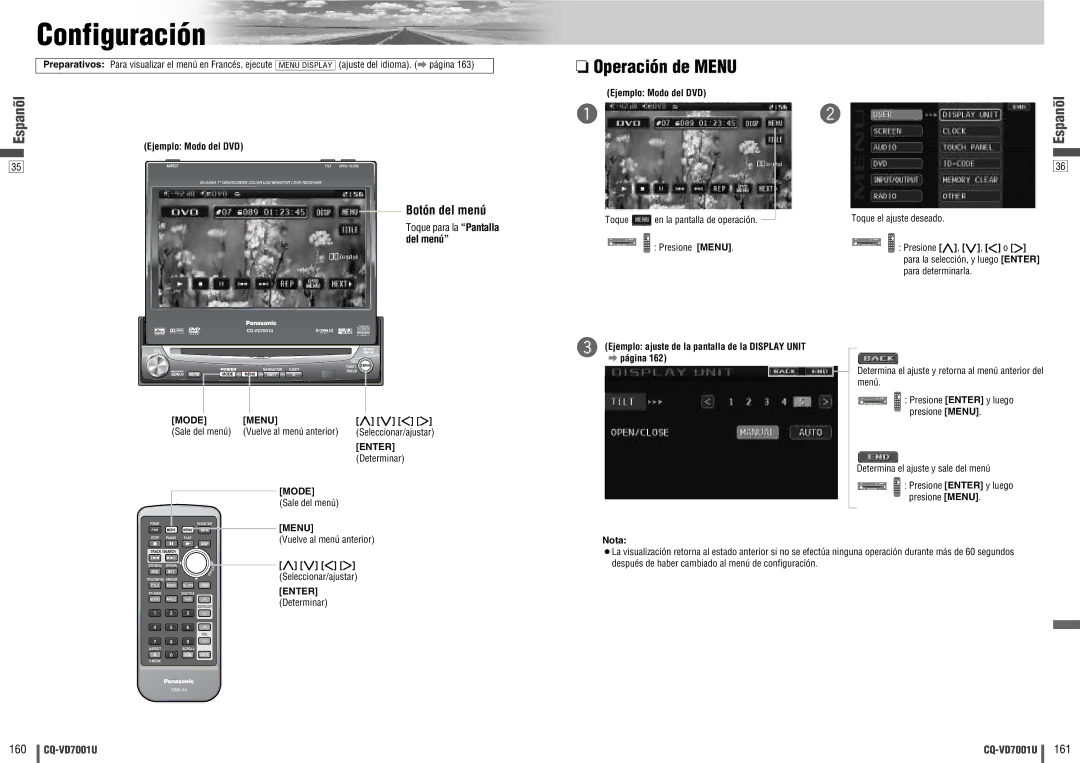 Panasonic CQ-VD7001U warranty Configuración, Operación de Menu, Botón del menú, Determinar 