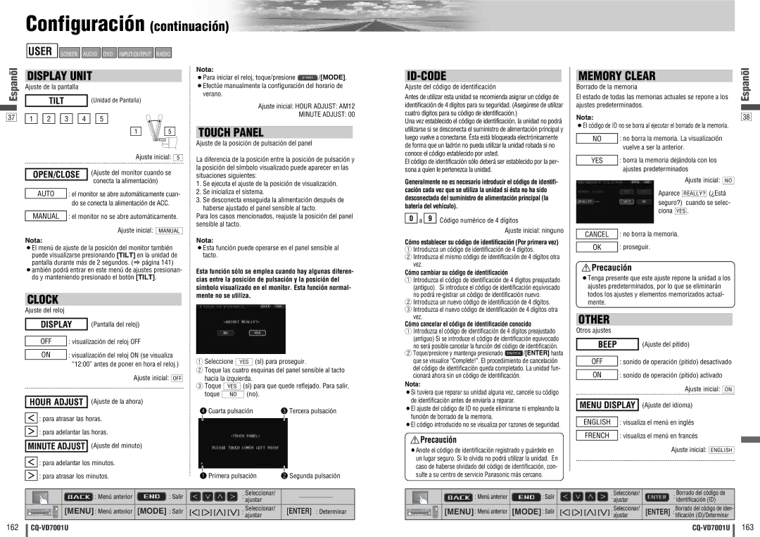 Panasonic CQ-VD7001U warranty Configuración continuación, Precaución 