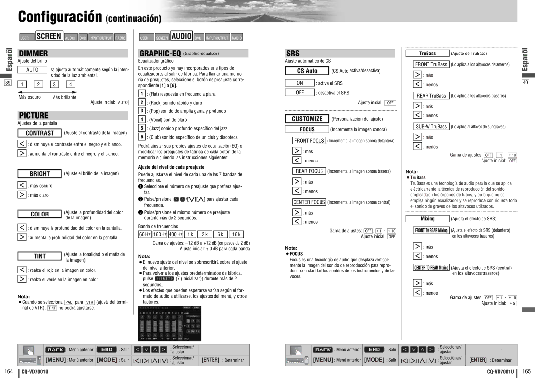 Panasonic CQ-VD7001U warranty Flat respuesta en frecuencia plana, Rock sonido rápido y duro, Vocal sonido claro 