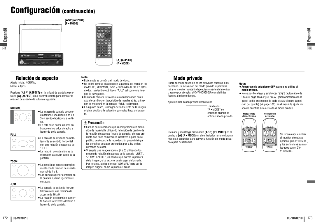 Panasonic CQ-VD7001U warranty Relación de aspecto, Modo privado, Ajuste inicial Normal Mode 4 tipos, SRS automático de 