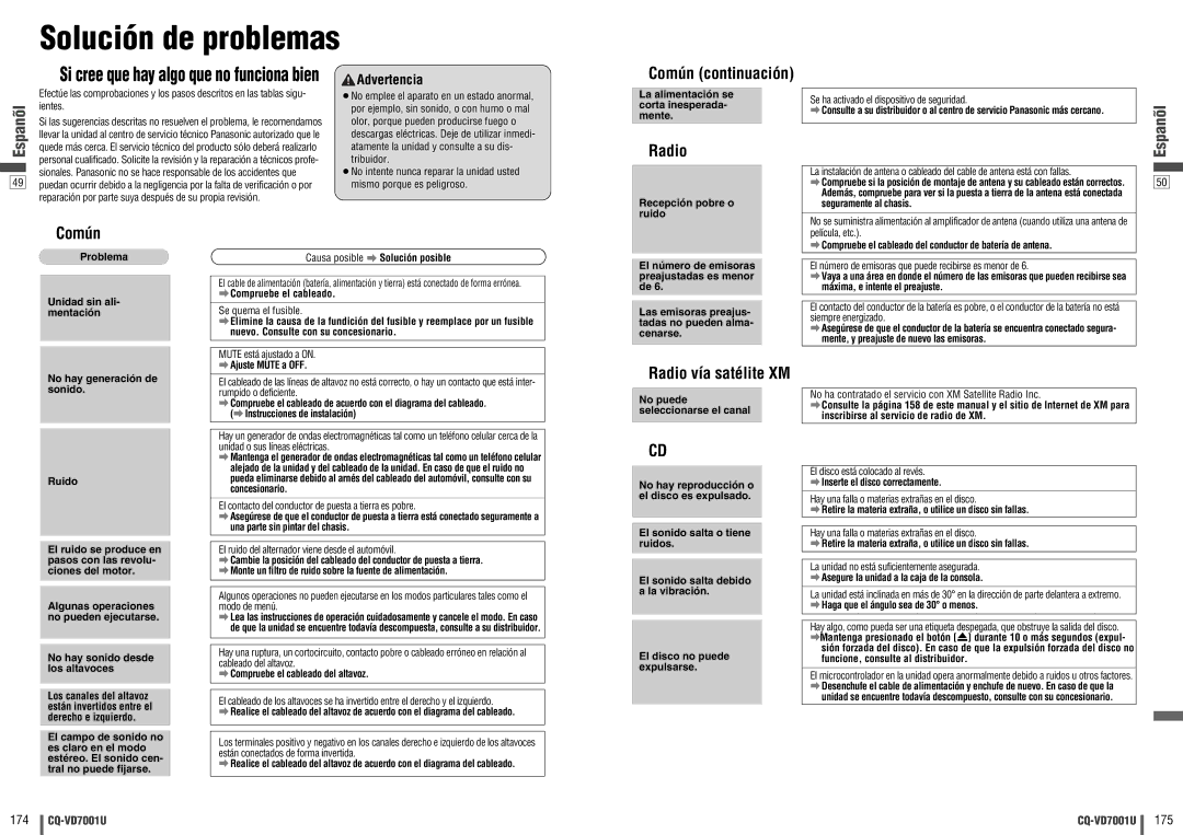 Panasonic CQ-VD7001U warranty Solución de problemas, Común continuación, Radio vía satélite XM 