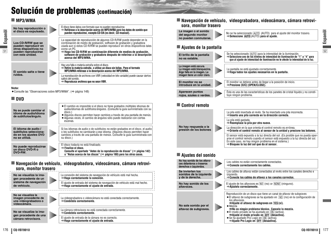 Panasonic CQ-VD7001U Solución de problemas continuación, Ajustes de la pantalla, Control remoto, Ajustes del sonido 