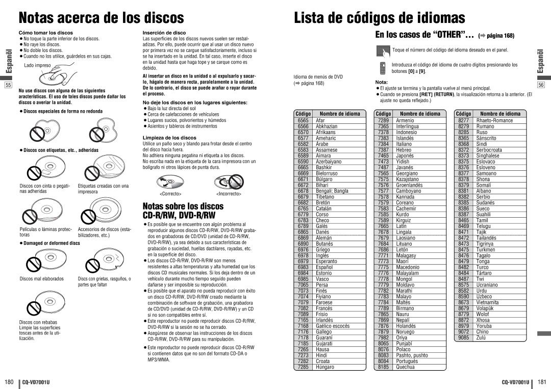 Panasonic CQ-VD7001U warranty Notas acerca de los discos Lista de códigos de idiomas, En los casos de OTHER… a página 