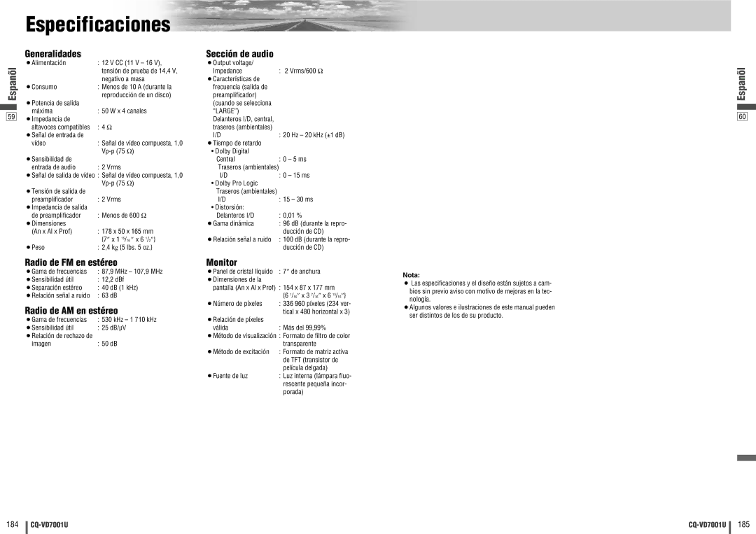 Panasonic CQ-VD7001U Especificaciones, Generalidades, Radio de FM en estéreo, Radio de AM en estéreo, Sección de audio 