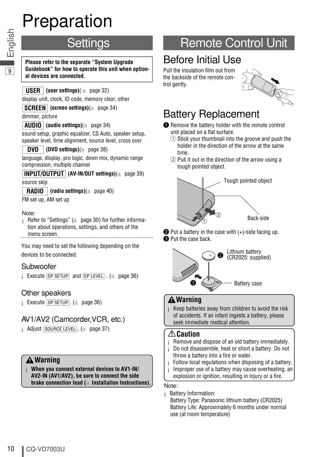 Panasonic CQ-VD7003U warranty Preparation, Settings, Remote Control Unit, Before Initial Use, Battery Replacement 