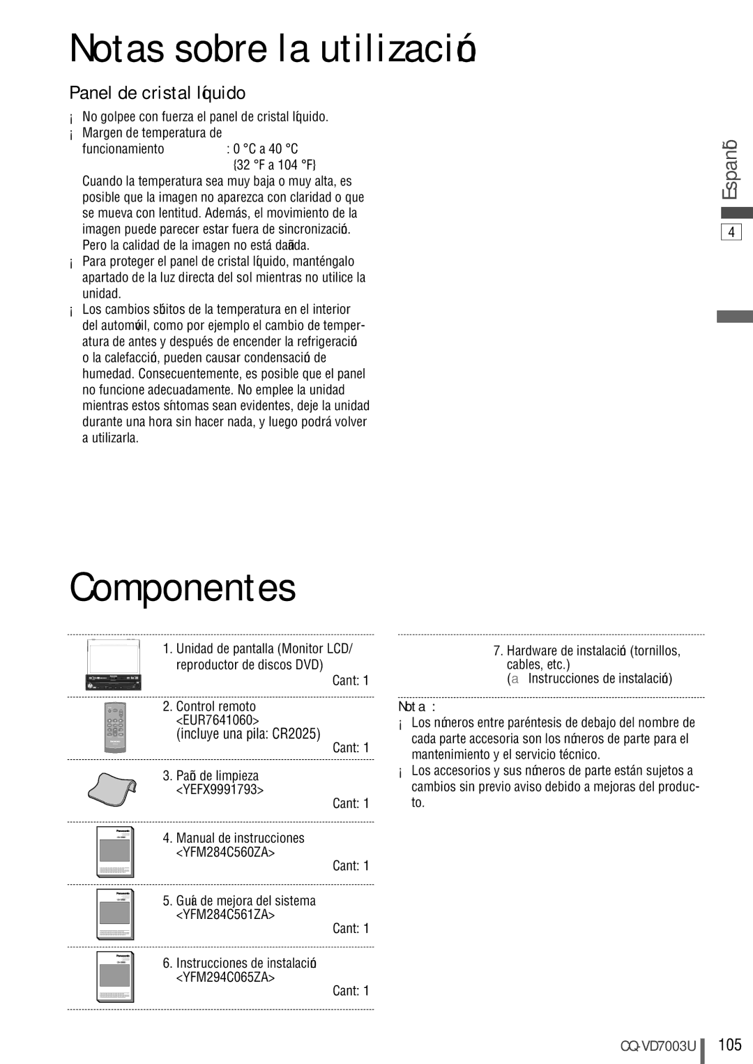 Panasonic CQ-VD7003U warranty Notas sobre la utilización, Componentes, Cant 