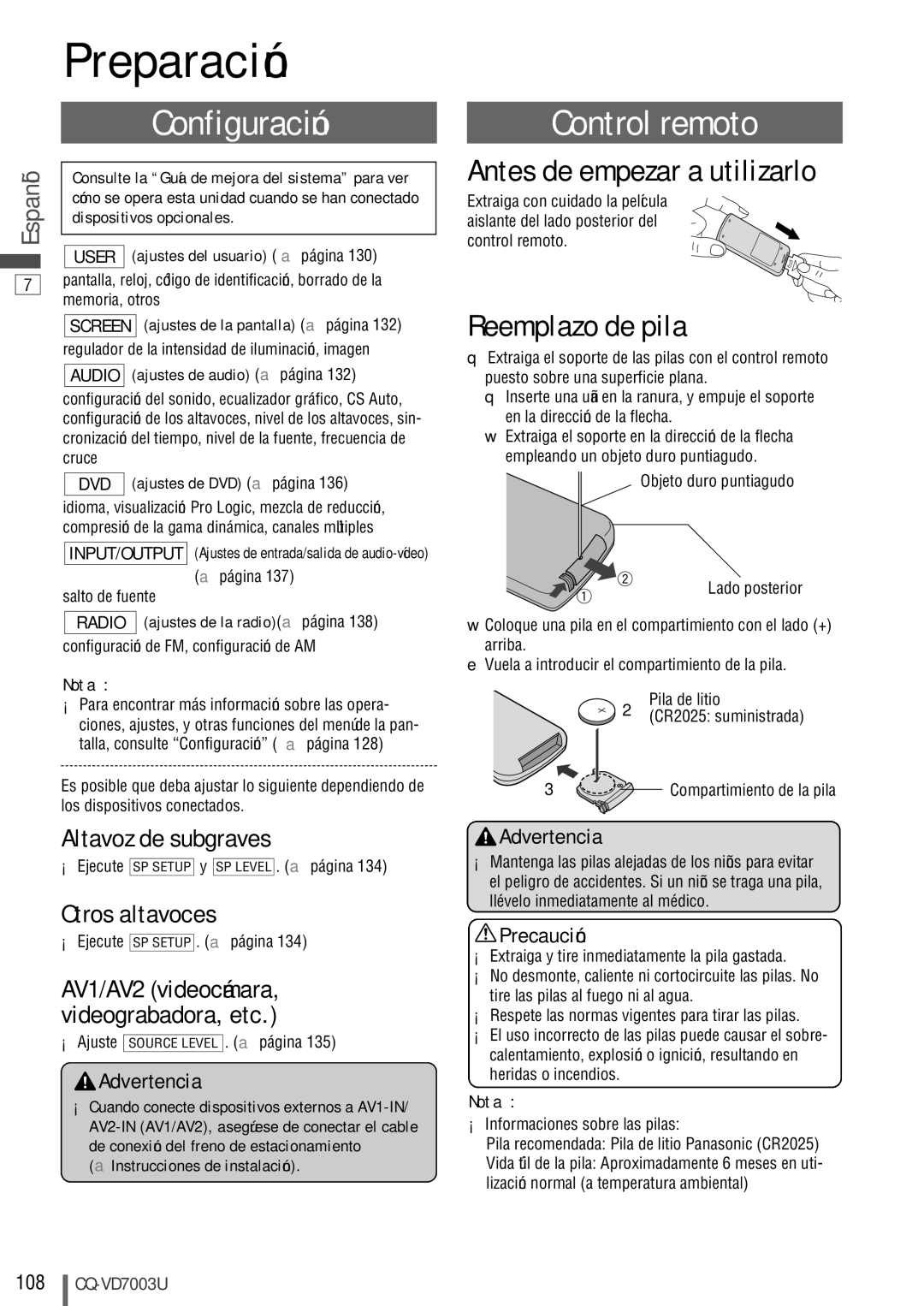 Panasonic CQ-VD7003U warranty Preparación, Configuración, Control remoto, Antes de empezar a utilizarlo, Reemplazo de pila 