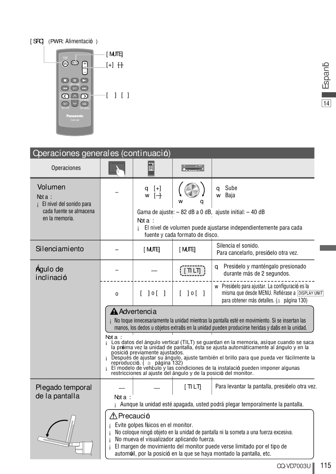 Panasonic CQ-VD7003U warranty Operaciones generales continuación 