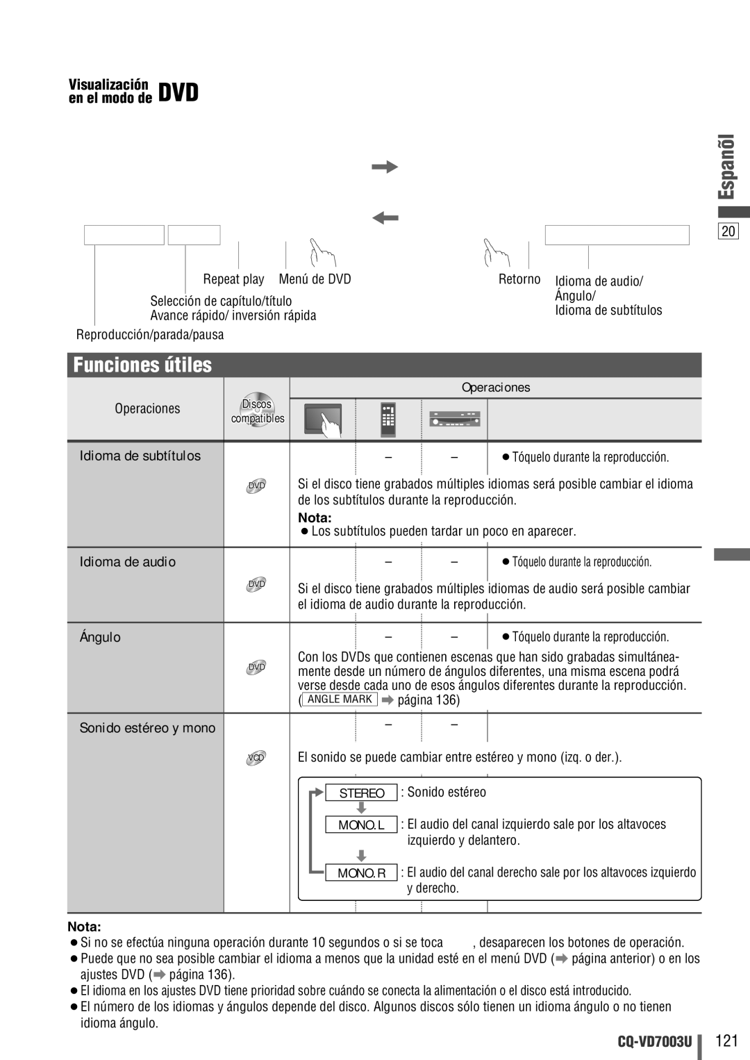 Panasonic CQ-VD7003U warranty Funciones útiles, Idioma de subtítulos, Idioma de audio, Ángulo, Sonido estéreo y mono 