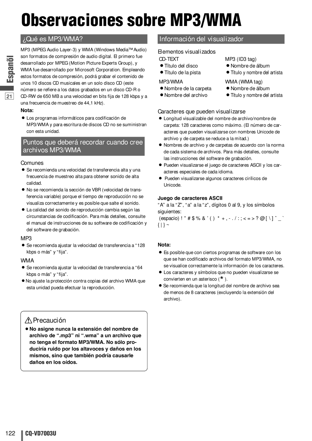 Panasonic CQ-VD7003U Observaciones sobre MP3/WMA, Comunes, Elementos visualizados, Caracteres que pueden visualizarse 