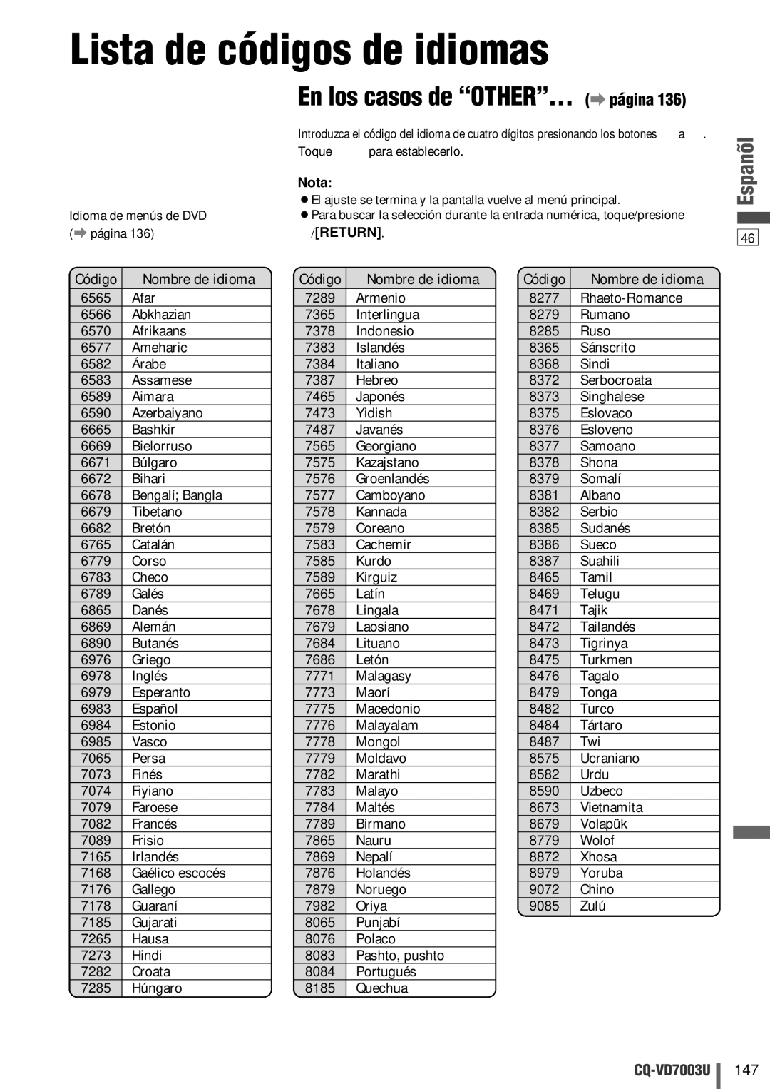 Panasonic CQ-VD7003U warranty Lista de códigos de idiomas, Nombre de idioma, Código 