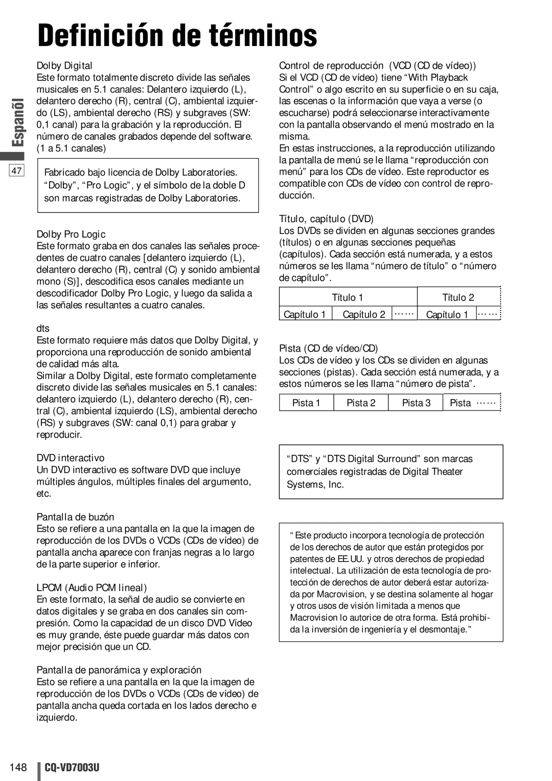 Panasonic CQ-VD7003U warranty Definición de términos 