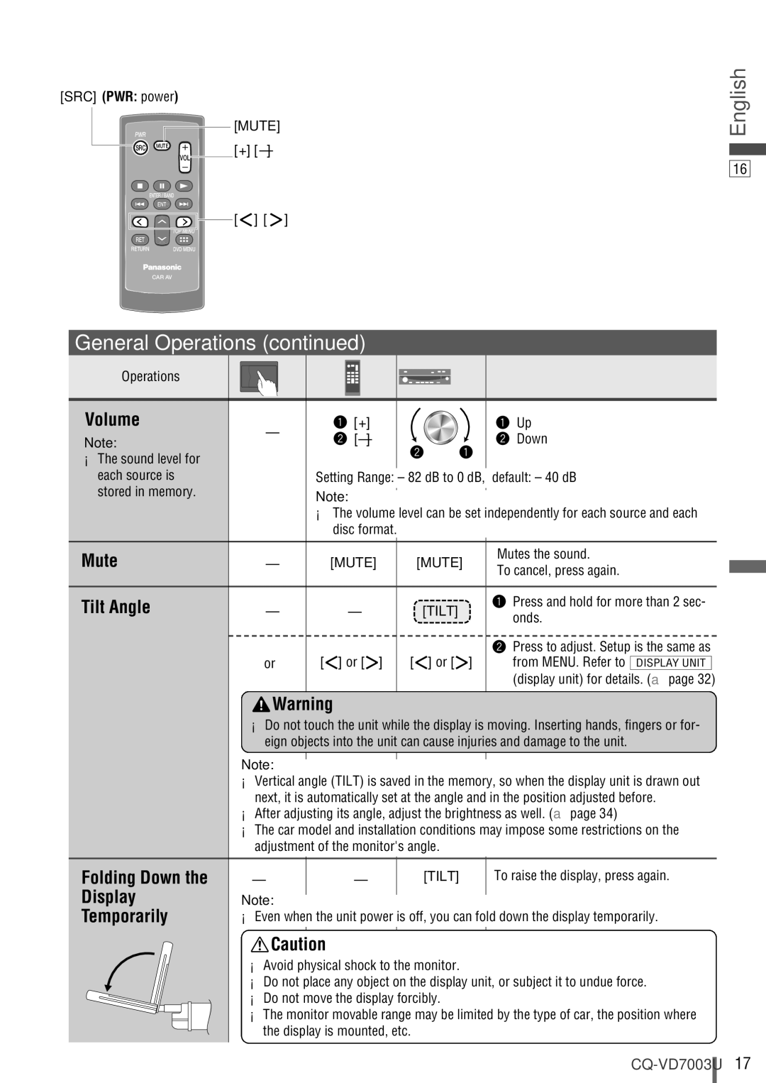 Panasonic CQ-VD7003U warranty Volume, Mute, Tilt Angle, Folding Down, Display Temporarily 