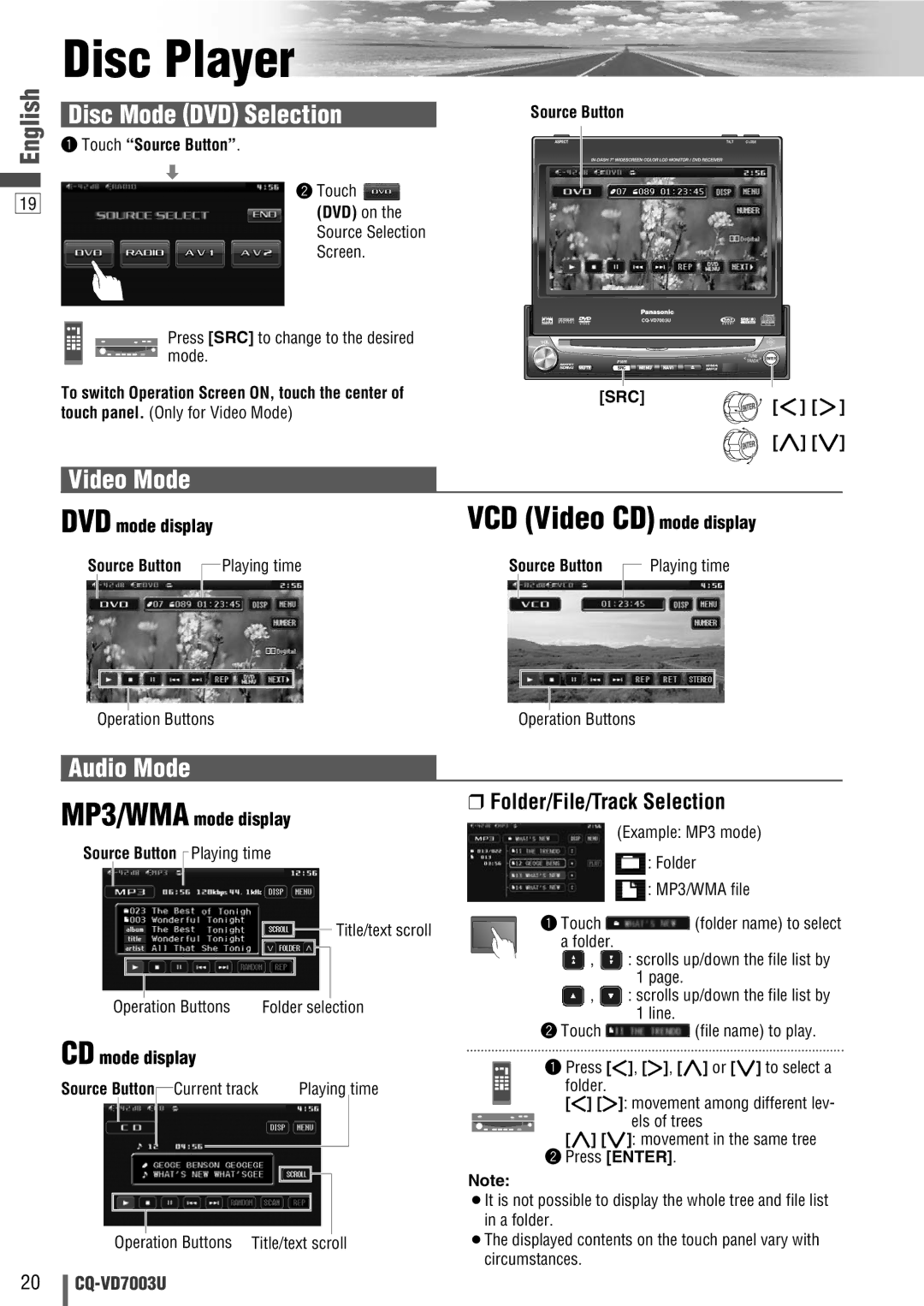 Panasonic CQ-VD7003U warranty Disc Player, Disc Mode DVD Selection, Video Mode, VCD Video CD mode display, Audio Mode 