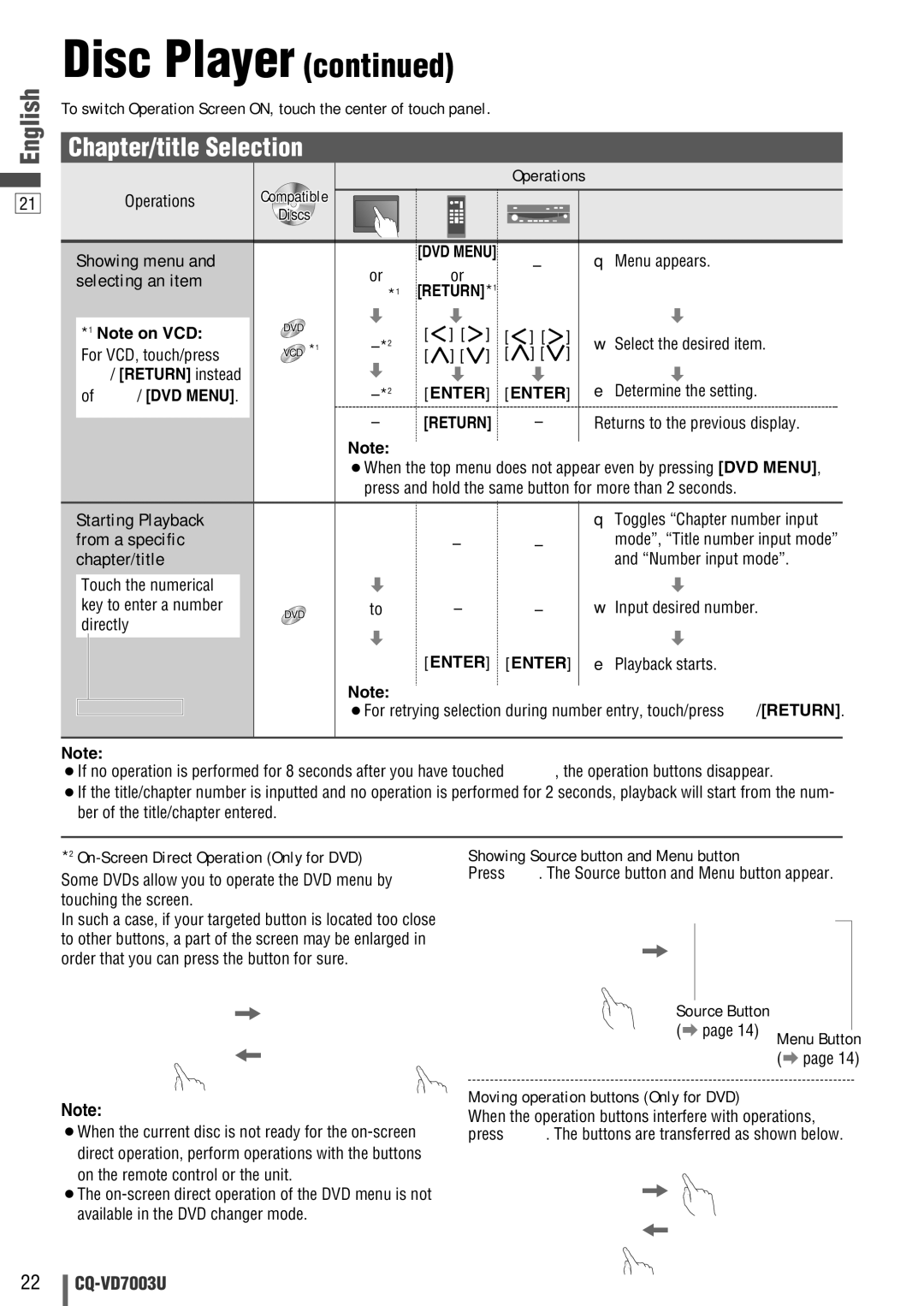 Panasonic CQ-VD7003U warranty Chapter/title Selection 