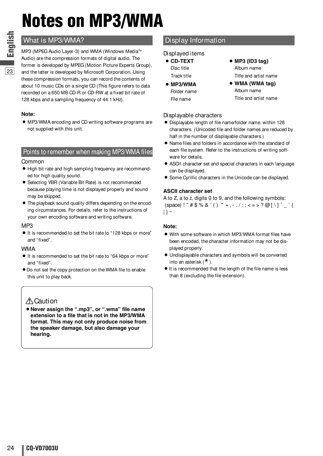 Panasonic CQ-VD7003U warranty Common, Displayed items, Displayable characters, MP3, Wma 