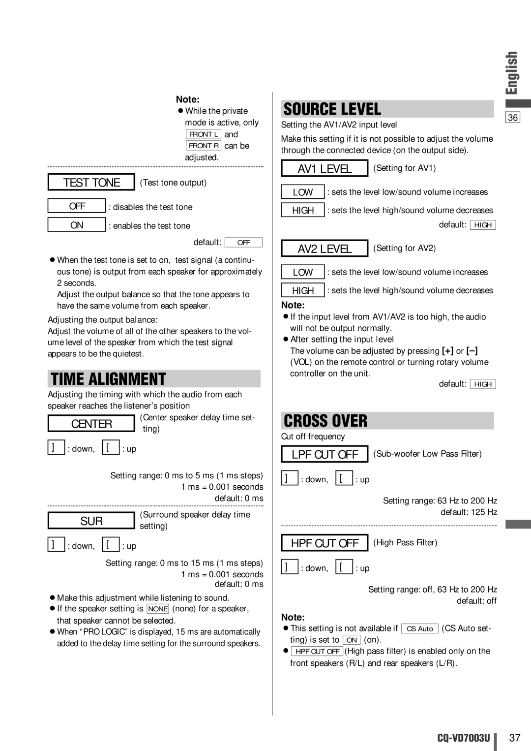 Panasonic CQ-VD7003U warranty Time Alignment, Source Level, Center ting, AV1 Level, AV2 Level 