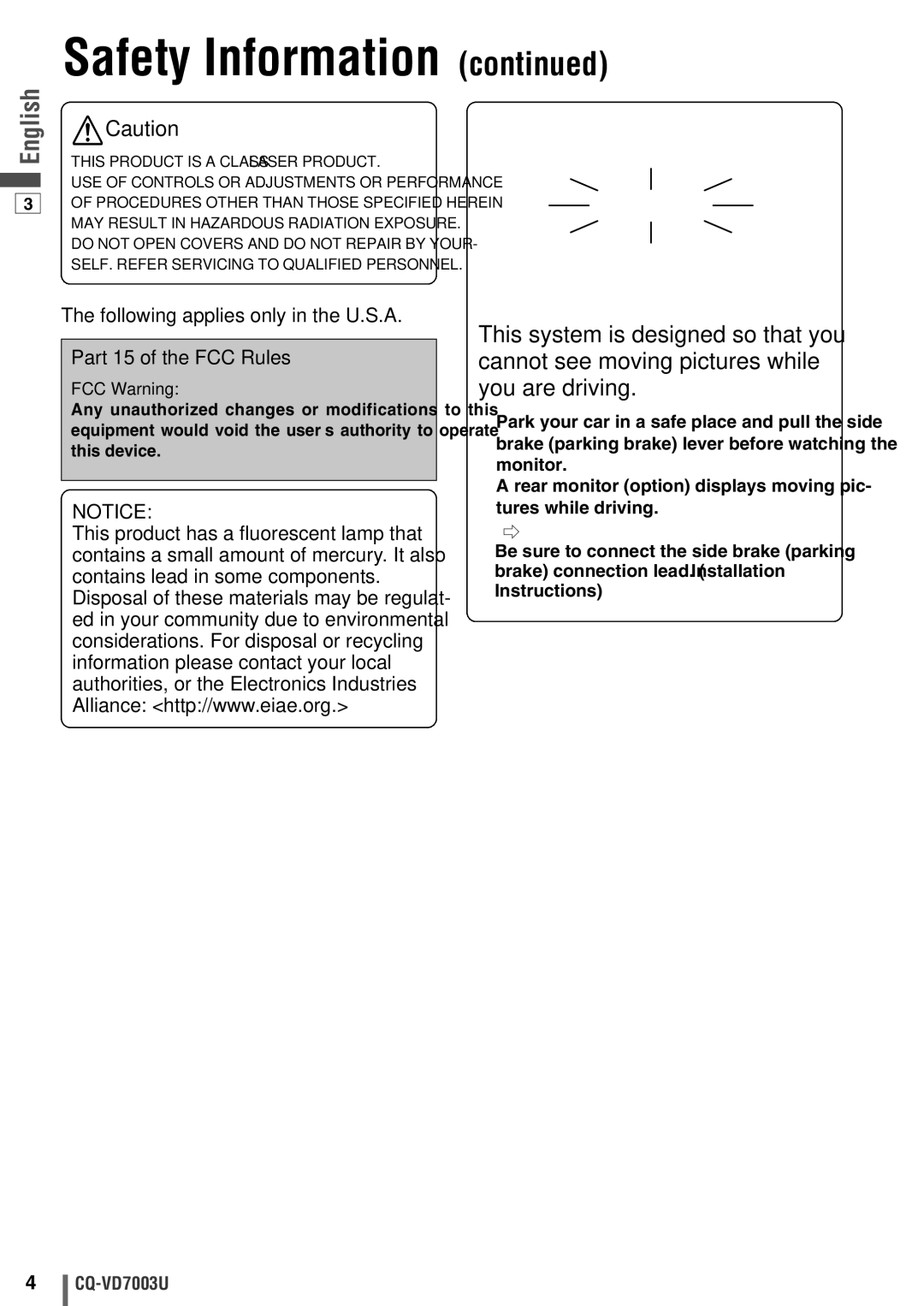 Panasonic CQ-VD7003U warranty Safety Information, FCC Warning 