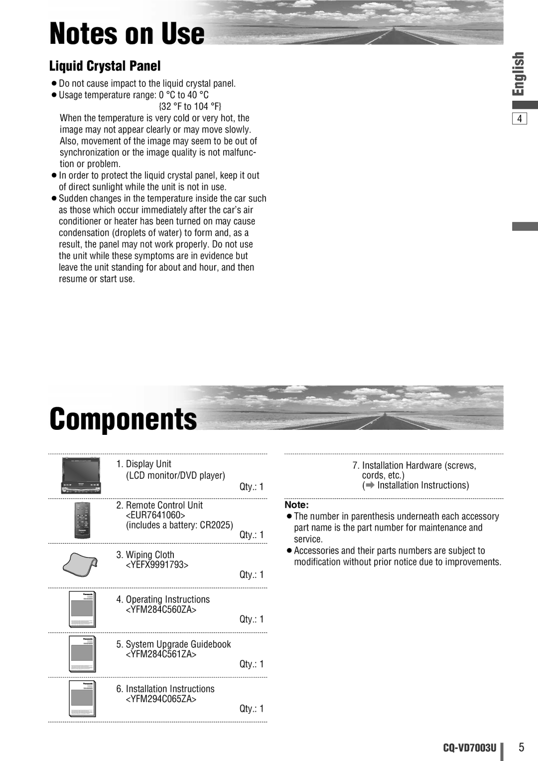 Panasonic CQ-VD7003U warranty Components 