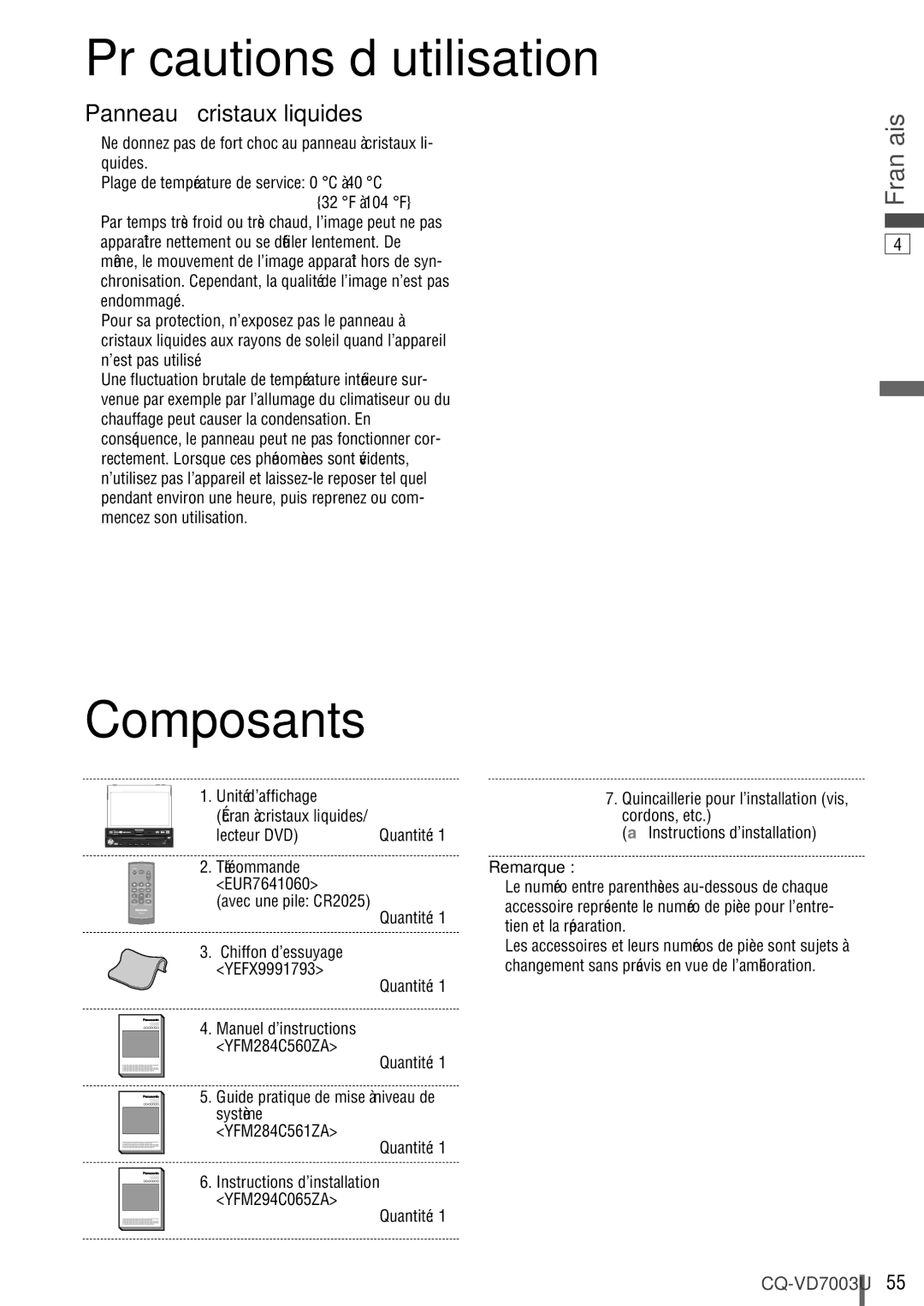 Panasonic CQ-VD7003U Précautions d’utilisation, Composants, Unité d’affichage Écran à cristaux liquides Lecteur DVD 