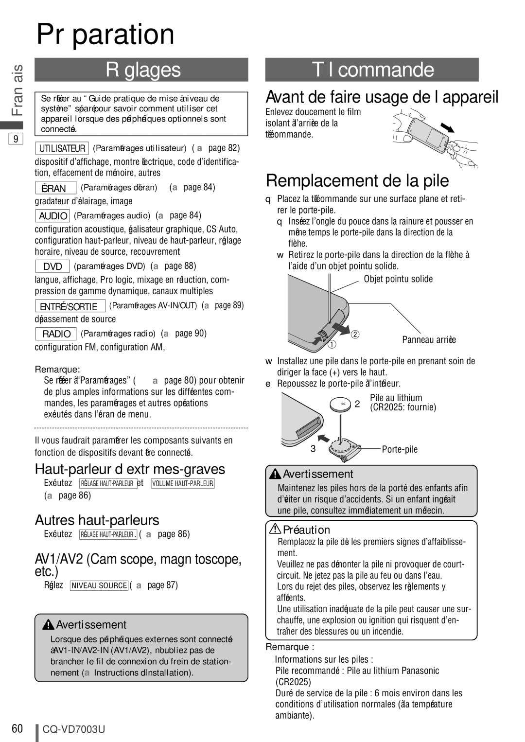 Panasonic CQ-VD7003U warranty Préparation, Réglages, Télécommande, Remplacement de la pile 