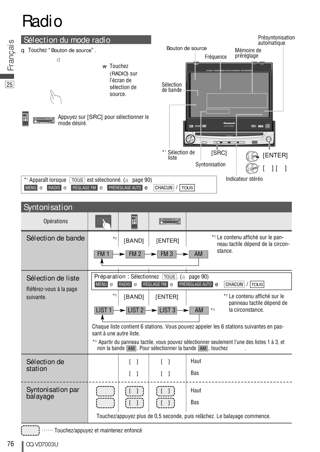 Panasonic CQ-VD7003U warranty Sélection du mode radio, Syntonisation 