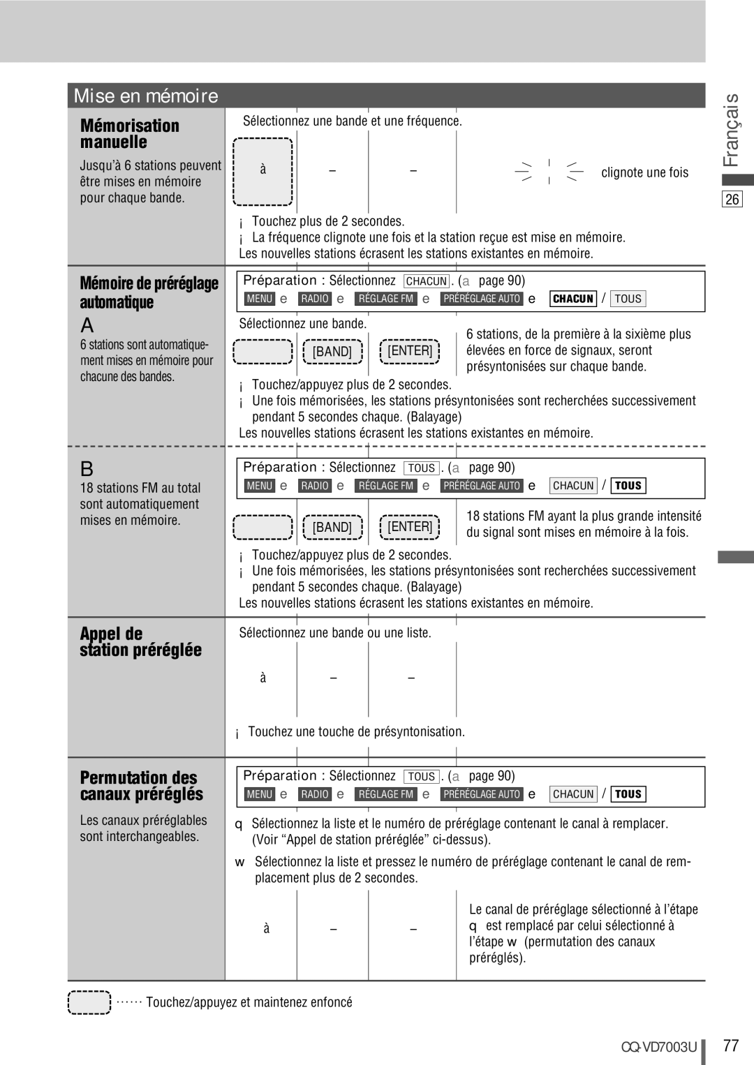 Panasonic CQ-VD7003U warranty Mise en mémoire 