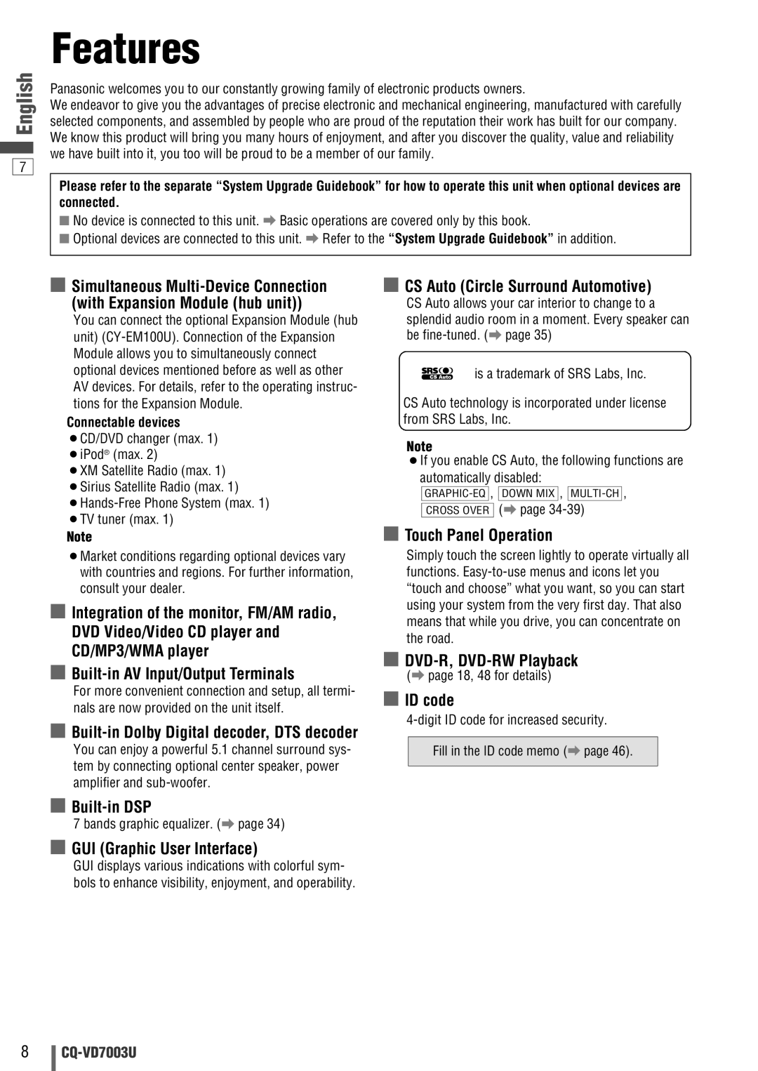 Panasonic CQ-VD7003U warranty Features 