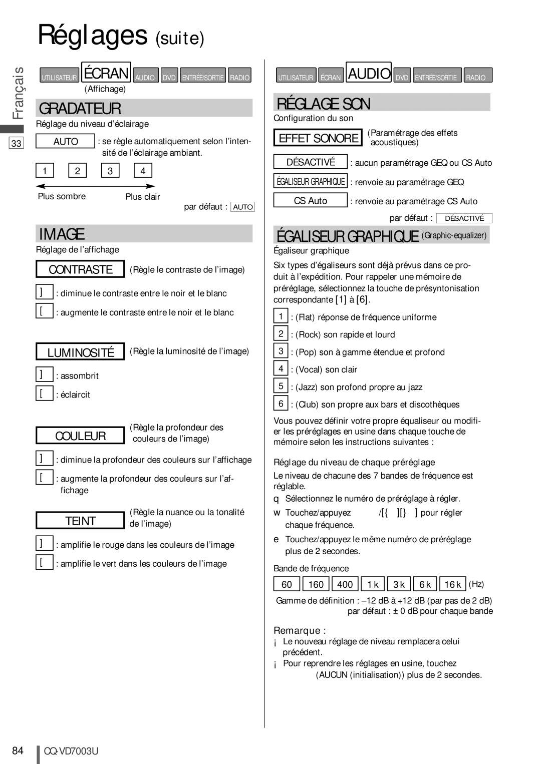 Panasonic CQ-VD7003U warranty Gradateur, Réglage SON, Effet Sonore, Réglage du niveau de chaque préréglage 