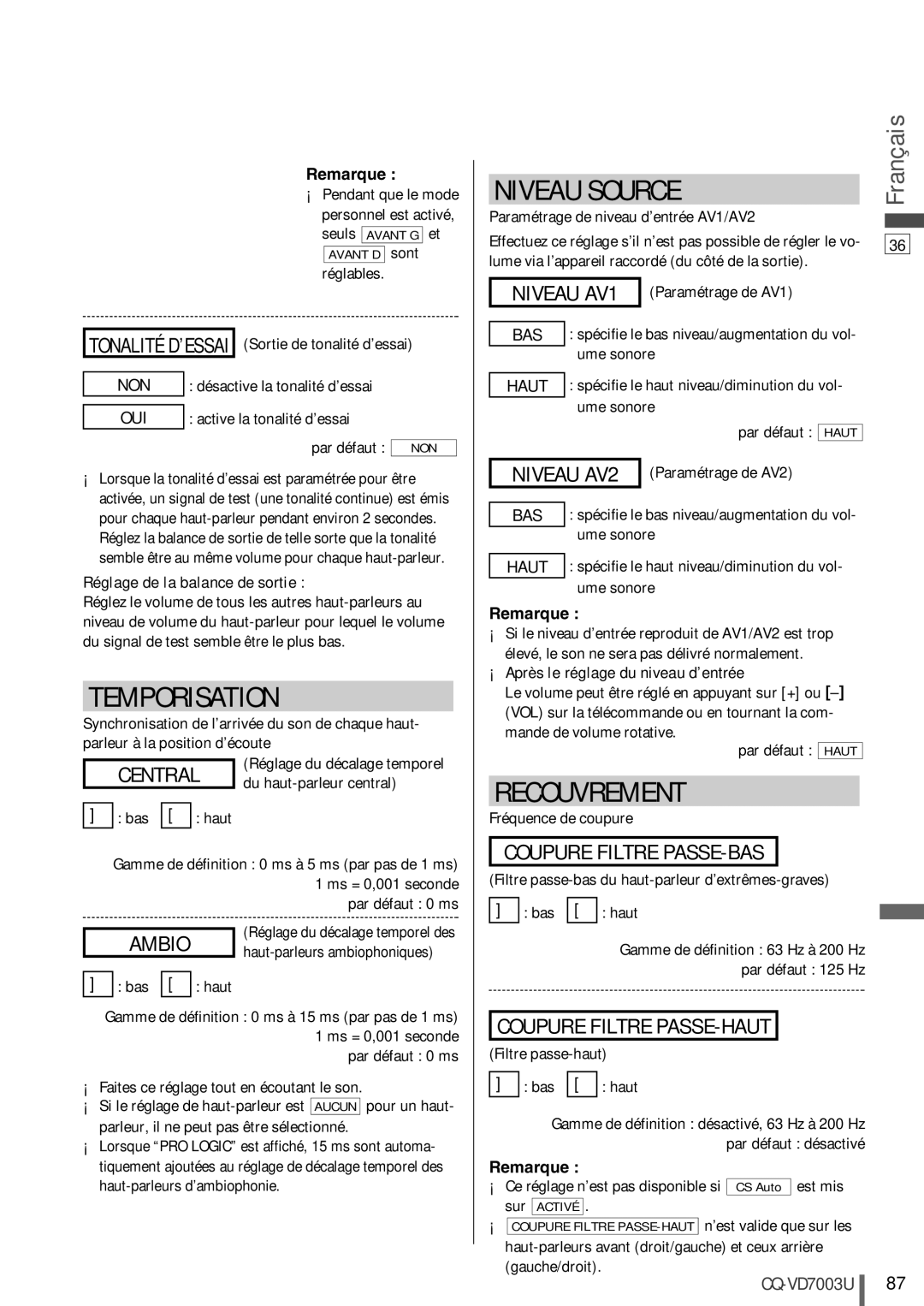 Panasonic CQ-VD7003U Niveau Source, Temporisation, Recouvrement, Coupure Filtre PASSE-BAS, Coupure Filtre PASSE-HAUT 