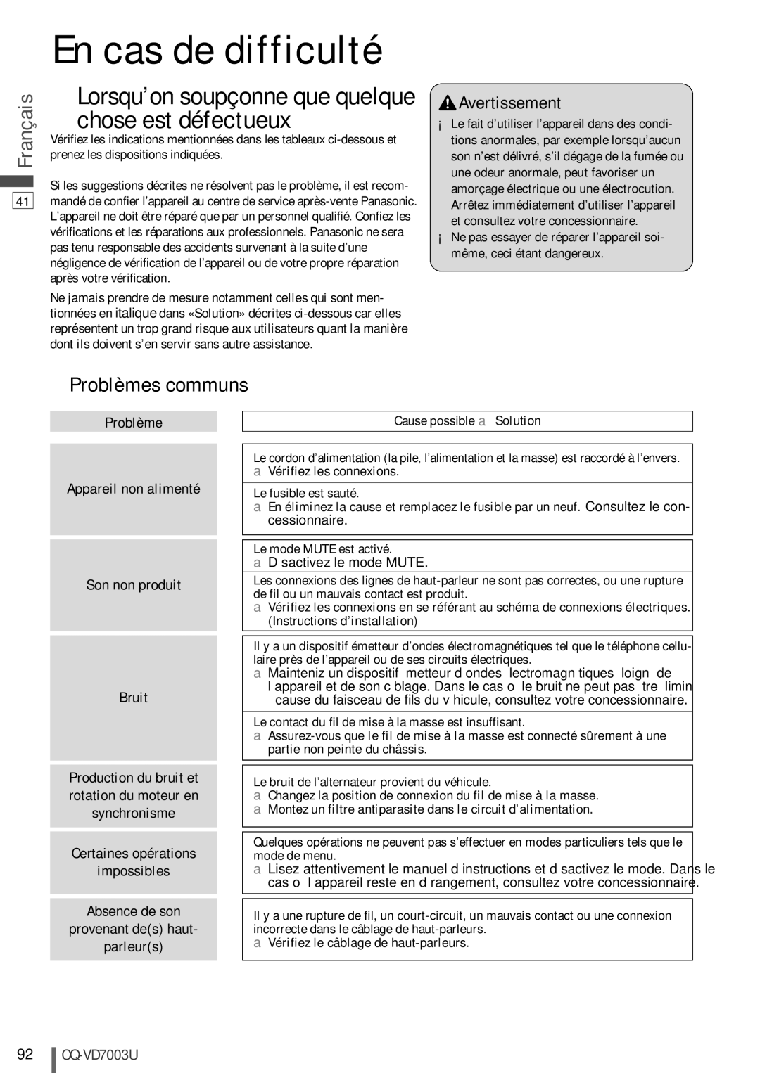 Panasonic CQ-VD7003U En cas de difficulté, Chose est défectueux, Lorsqu’on soupçonne que quelque, Problèmes communs 