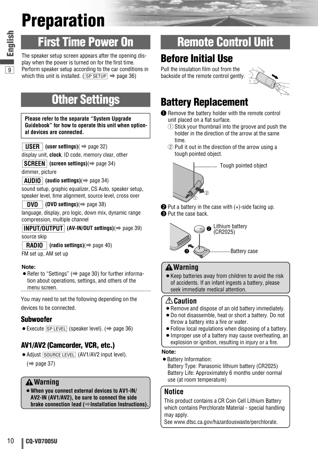 Panasonic CQ-VD7005U warranty Preparation, Before Initial Use, Battery Replacement, Subwoofer, AV1/AV2 Camcorder, VCR, etc 